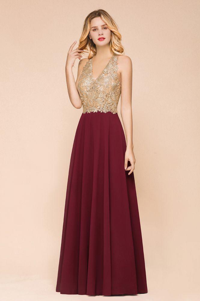 MisShow Women's Gold Appliques Evening Formal Dress Chiffon Lace Prom Long Ball Gown