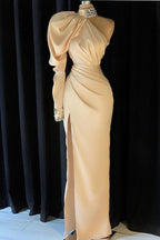 Modern High Neck Long Sleeve Crystal Prom Dress Mermaid With Split