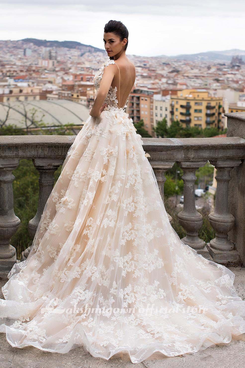 NumberSea 3D Floral Appliques Lace Wedding Dresses Vintage Champagne