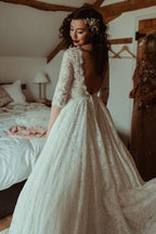 NumberSea A-line Lace Half Sleeves Backless Vintage Wedding Dresses, Bridal Gown, MW776