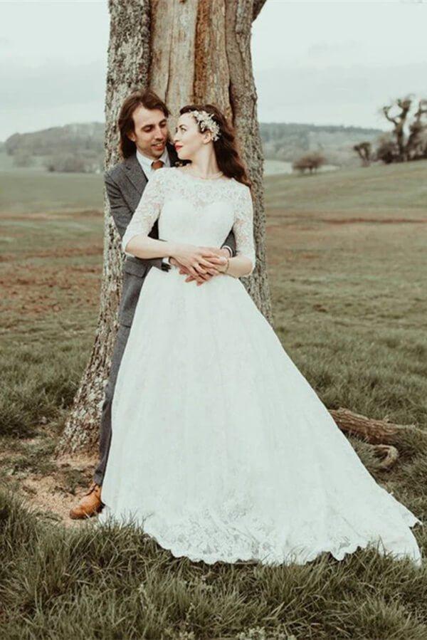 NumberSea A-line Lace Half Sleeves Backless Vintage Wedding Dresses, Bridal Gown, MW776