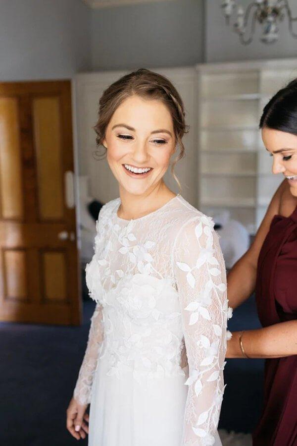 NumberSea A-line Lace Long Sleeves Round Neck Slit Wedding Dress, Wedding Gowns, MW762