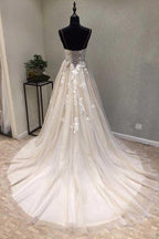 NumberSea A-line Spaghetti Straps Wedding Dress with Lace Appliques, Wedding Gown, MW727