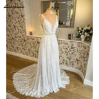 NumberSea A Line Wedding Dresses Sexy V Neck Lace Appliques Spaghetti Straps For Women Bridal Gown Sweep Vestidos De Novia