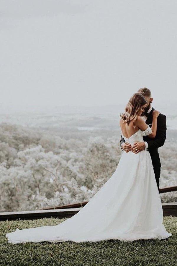 NumberSea Appliqued Tulle Wedding Dresses Sweep Train A-line Long Bridal Gowns,MW455