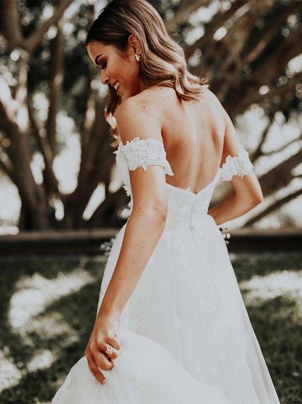 NumberSea Appliqued Tulle Wedding Dresses Sweep Train A-line Long Bridal Gowns,MW455