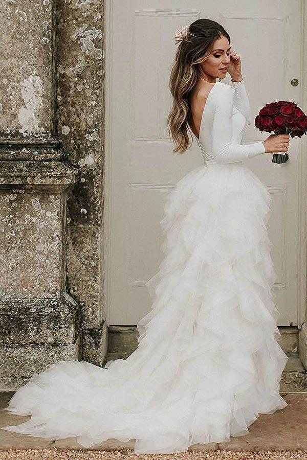 NumberSea Bateau A-Line Long Sleeves High Neck Ruffles Tulle Elegant Wedding Dress,MW430