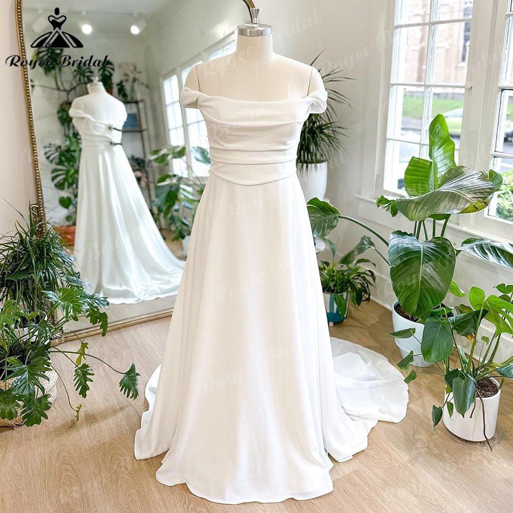 NumberSea Beach Off Shoulder Soft Satin Pleats Boho Wedding Dress for Women 2025 Off White Wedding Reception Dress for Bride NumberSea