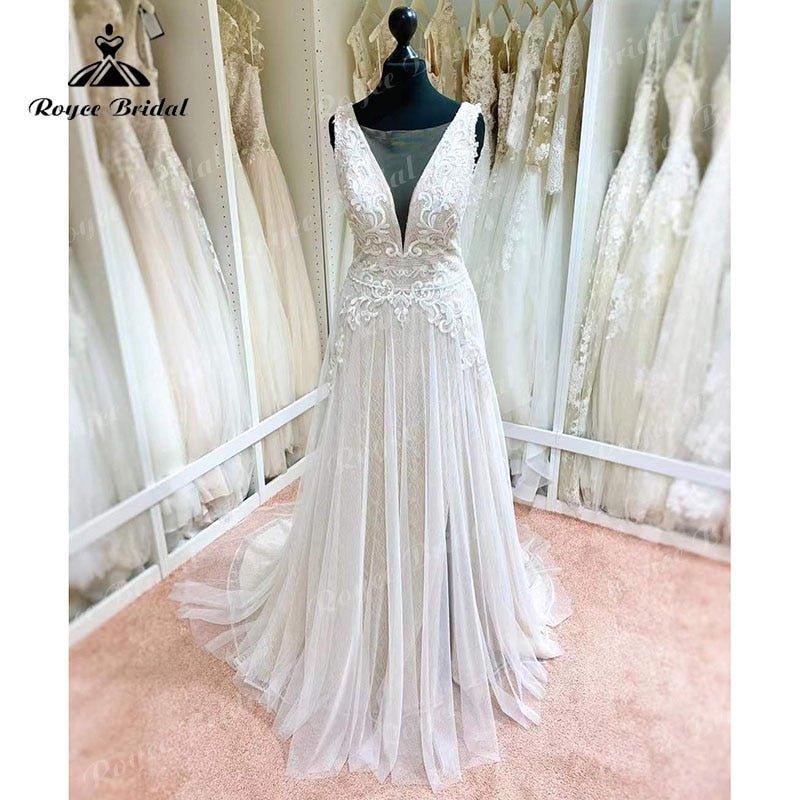 NumberSea Blush Pink Wedding Dress Tank V Neck Lace Applique Sleeveless Split Side Shiny Wedding Gowns vestido de novia de tul Bridal Gown