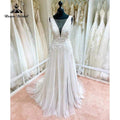 NumberSea Blush Pink Wedding Dress Tank V Neck Lace Applique Sleeveless Split Side Shiny Wedding Gowns vestido de novia de tul Bridal Gown