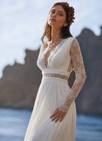 NumberSea Bohemian Wedding Dress 2021 Long Sleeve V-Neck Floor Length Chiffon A-Line lace Back Bridal Gowns  With Belt Charming For Women