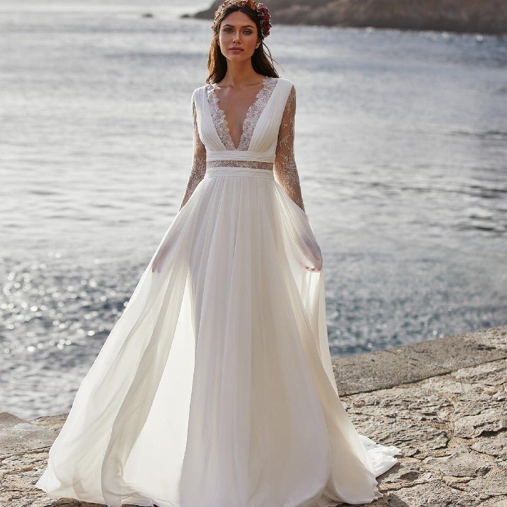 NumberSea Bohemian Wedding Dress 2021 Long Sleeve V-Neck Floor Length Chiffon A-Line lace Back Bridal Gowns  With Belt Charming For Women