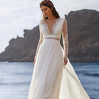 NumberSea Bohemian Wedding Dress 2021 Long Sleeve V-Neck Floor Length Chiffon A-Line lace Back Bridal Gowns  With Belt Charming For Women