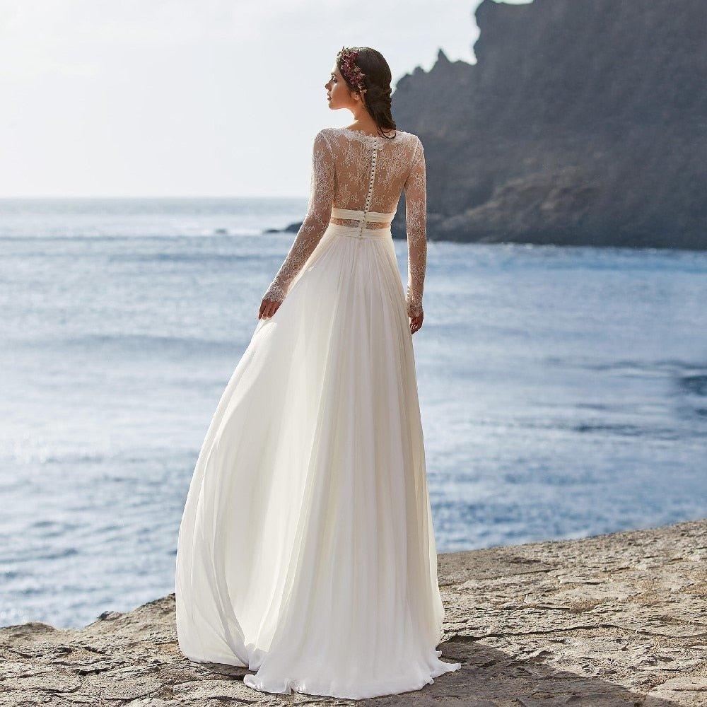 NumberSea Bohemian Wedding Dress 2021 Long Sleeve V-Neck Floor Length Chiffon A-Line lace Back Bridal Gowns  With Belt Charming For Women
