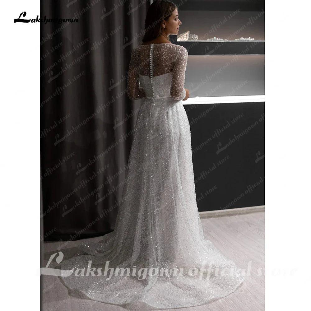 NumberSea Boho A-line Beach Wedding Dress See Through Sleeves Sweep Train Bridal Dress Custom Made Bridal Gowns