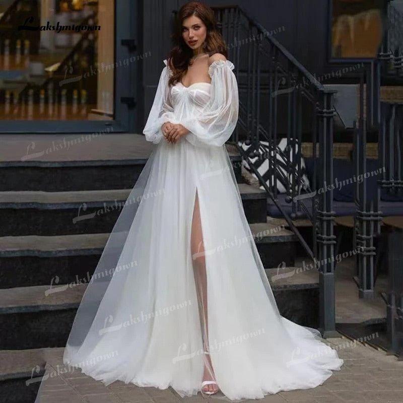NumberSea Boho A-Line Tulle Wedding Dresses Side Split With Detachable Puff Sleeves Sweetheart Neck Sweep/Brush Train Beach Bride Gowns