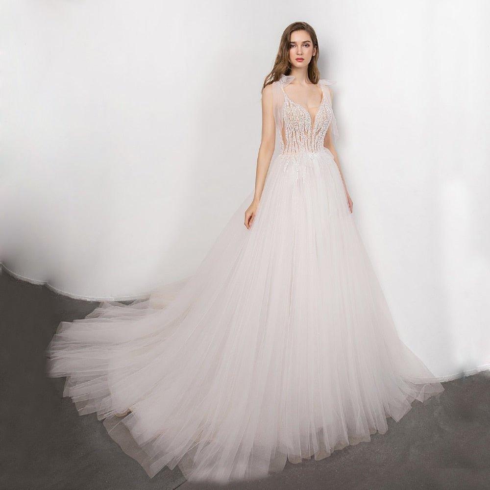 NumberSea boho Bridal Gown 2021 new Sexy V-neck backless Bride Wedding Dress Luxury Crystal and Pearls Vestido de novia Robe de mariee