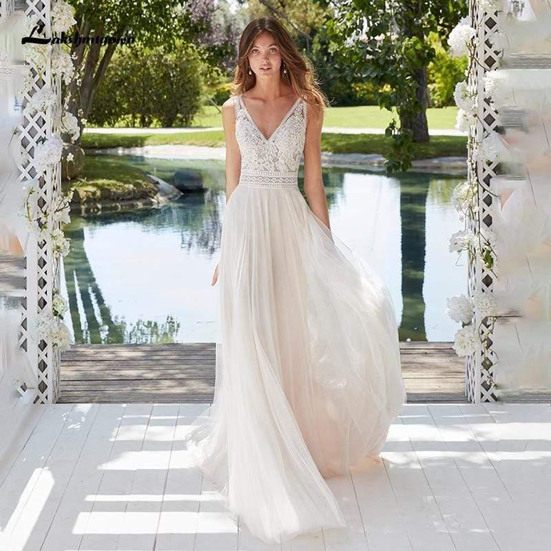 NumberSea Boho Lace Wedding Dress Sleeveless Beach Bride Dress A-Line