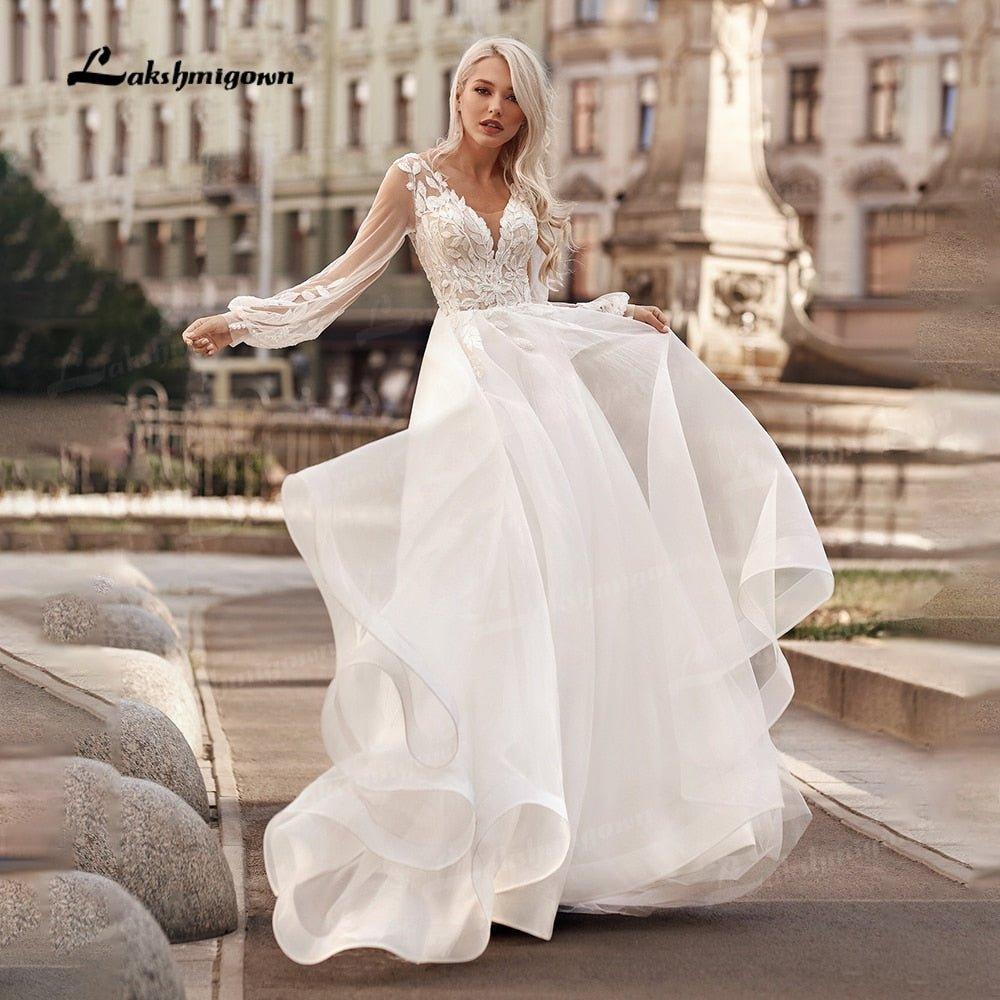 NumberSea Boho Princess A-Line Wedding Dresses V Neck Longue Long Lantern Sleeve Robe De Soiree Simple Beach Wedding Gown Vestidos De Noiv