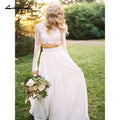 NumberSea Boho&Fashion A Line Two Piece O Neck Long Sleeves Lace Wedding Dresses Floor-Length Zipper-up Ivory Illusion vestidos de novia