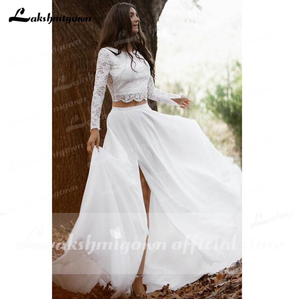 NumberSea Casual Long Sleeve Two Piece Chiffon Lace Bateau Wedding Dress With Split Front Bridal Gown Robe De Mariée Lakshmigown