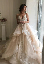 NumberSea Champagne Floral Lace Wedding Dresses Sexy Backless Ruffles Puffy Bridal Gowns Beach Wedding Gowns Vestido De Noiva