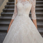 NumberSea Charming Lace Wedding Dress with Sleeves Scoop Neck  A-line Princess Bridal Gowns Robe de Mariage Bride Dress Sashes