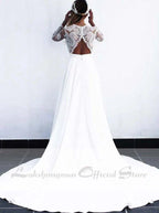 NumberSea Cheap Long White Lace A-line Wedding Dresses Bridal Gowns vestido de noiva with see-through long sleeves robe mariage femme