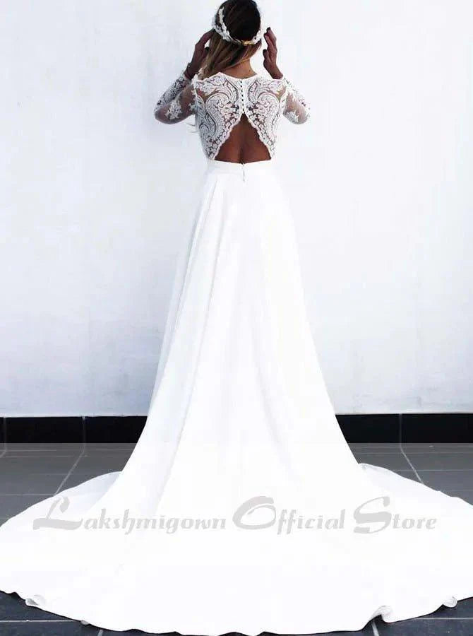 NumberSea Cheap Long White Lace A-line Wedding Dresses Bridal Gowns vestido de noiva with see-through long sleeves robe mariage femme