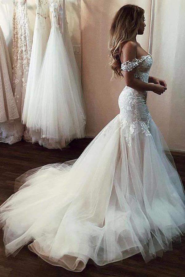 NumberSea Cheap Off the Shoulder Mermaid Wedding Dresses Vintage Lace Bridal Gown,MW492
