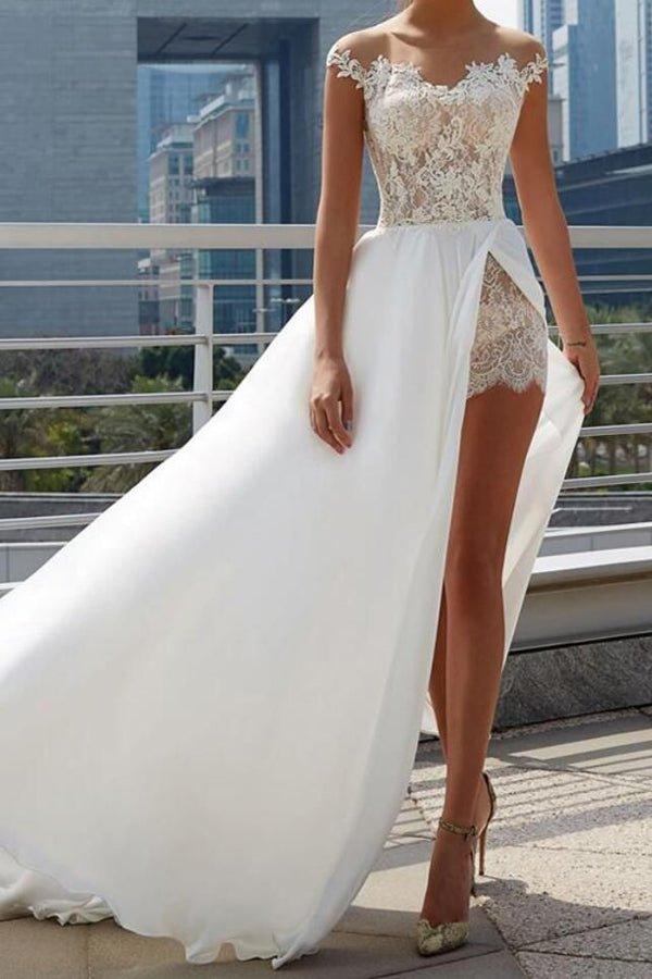 NumberSea Cheap Off the Shoulder See Through Wedding Dresses Side Slit A-line Bridal Dresses,MW493