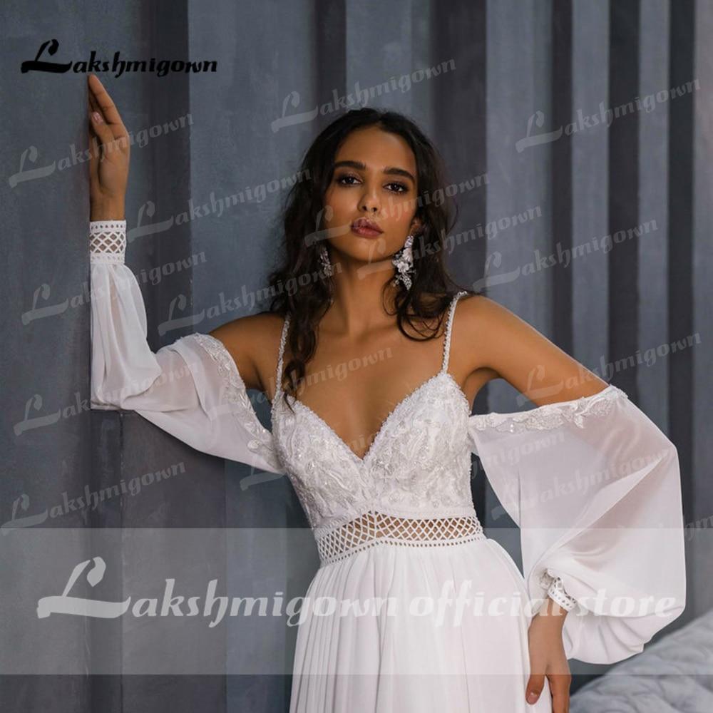 NumberSea Chiffon Backless Spaghetti Straps lantern Sleeve Wedding Dresses