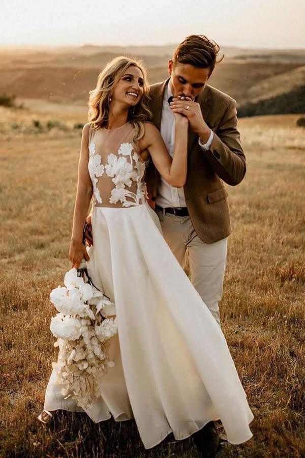 NumberSea Chiffon Floral Lace Round Neck Floor Length Beach Wedding Dresses, MW1001