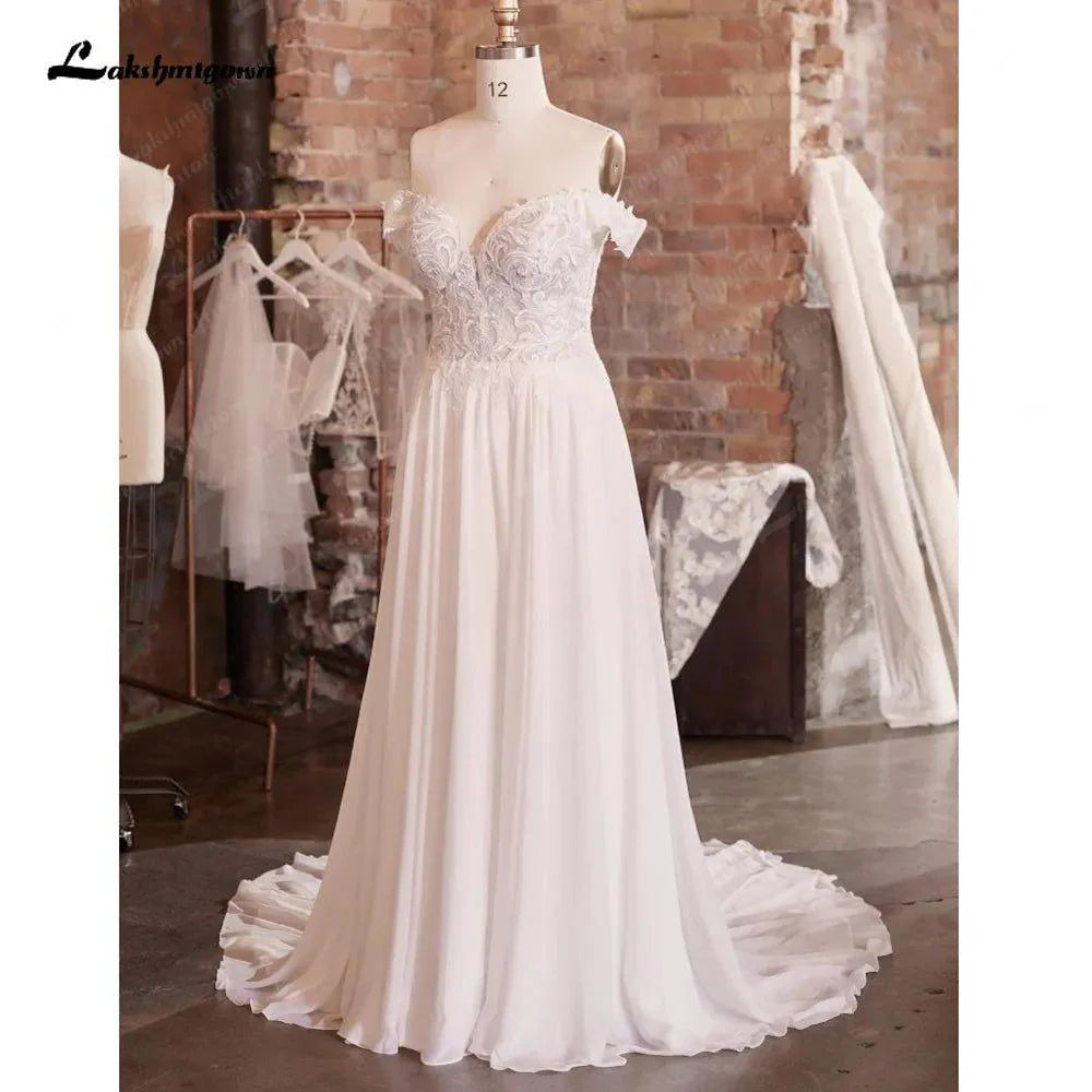 NumberSea Chiffon Long Boho Wedding Dress Beach Vestido Novia 2025 Off the Shoulder Sexy Bridal Gowns Lace Appliques
