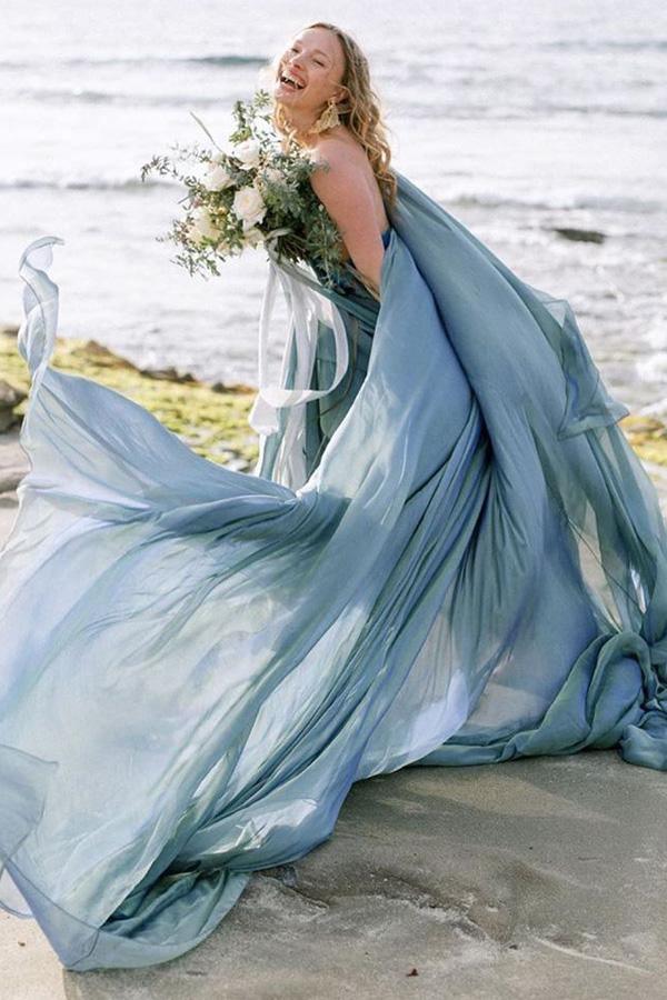 NumberSea Chiffon Rustic Wedding Dress With Train, A-line Beach Wedding Gown, MW685