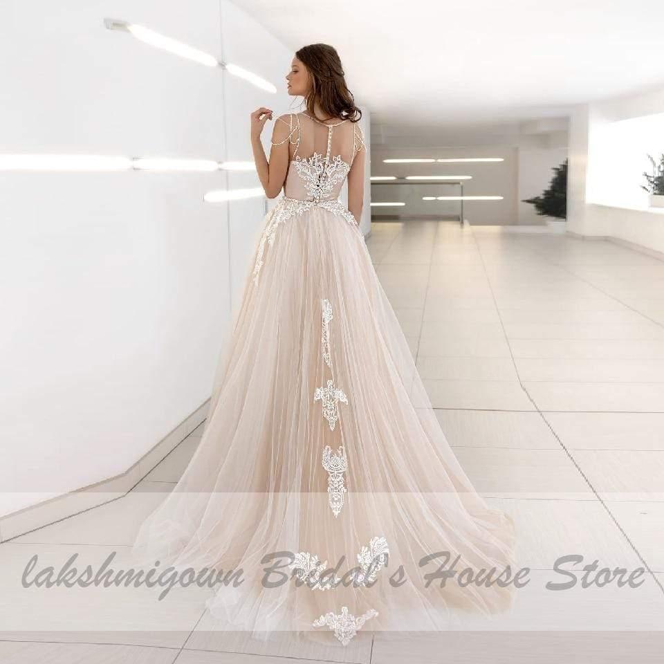 NumberSea Classic Champagne Wedding Dress V-Neck Lace Appliques Princess