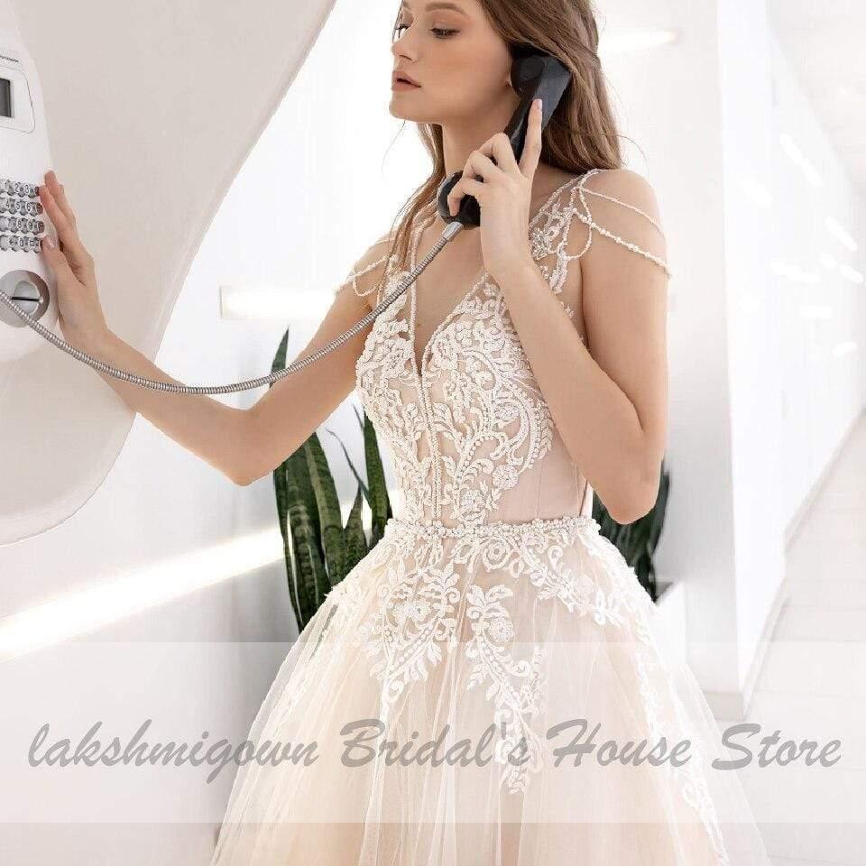 NumberSea Classic Champagne Wedding Dress V-Neck Lace Appliques Princess
