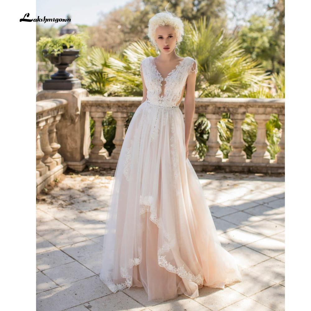 NumberSea Deep V Neck Lace Beading Pleats Blush Pink Wedding Dresses