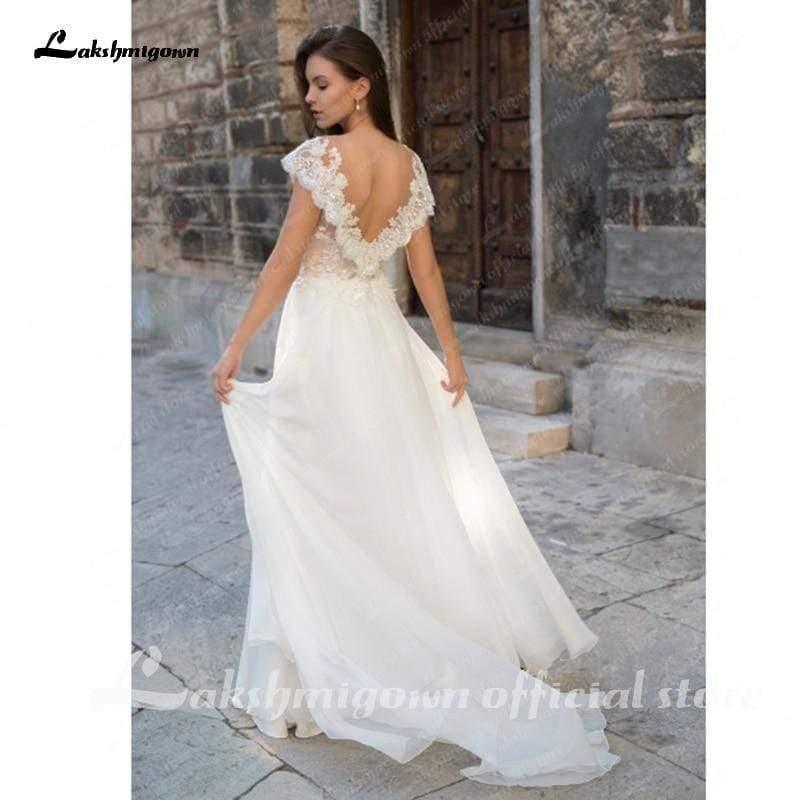 NumberSea Deep V Neck Sleeve Sexy Lace Chiffon High Split Wedding Dresses