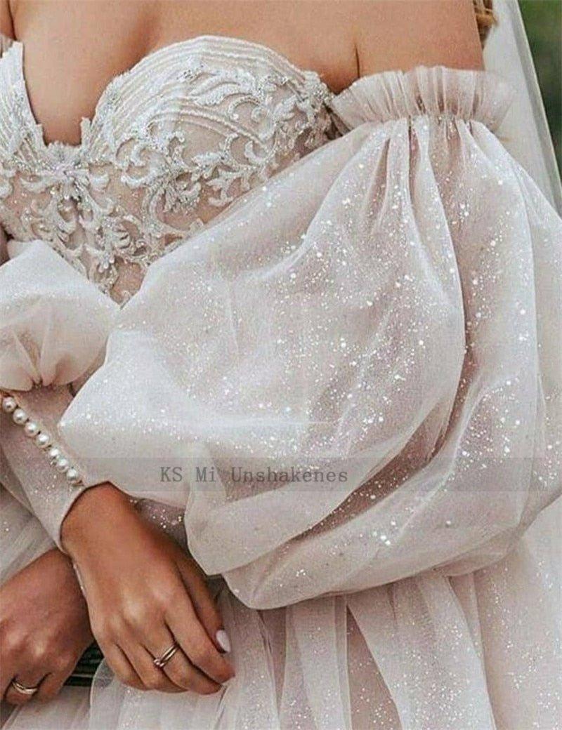 NumberSea Dirty Pink Boho Wedding Dress 2021 Detachable Puff Sleeve Bridal Dresses Glitter Sparky Lace Wedding Gowns Beach Sweetheart