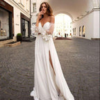 NumberSea Eightree Sexy Summer Wedding Dresses 2021 Lace Chiffon Bride Dress Puff Sleeve Split Side Bow Beach Wedding Gowns Women Cheap