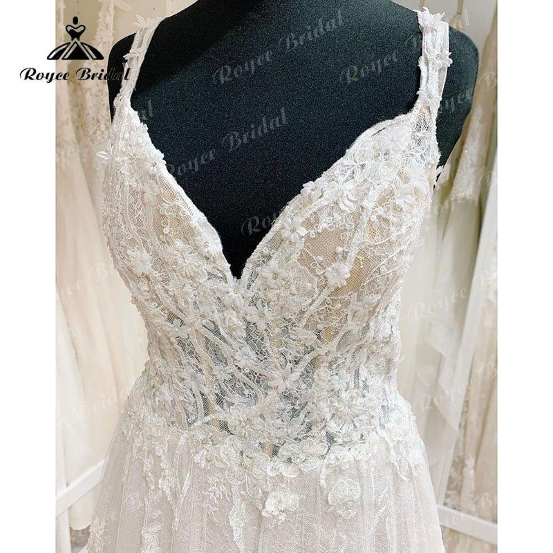 NumberSea Elegant A Line Spaghetti Straps Wedding Dress Lace Floral 3D Flowers Backless V Neck Bridal Gown vestido de novia robe femme