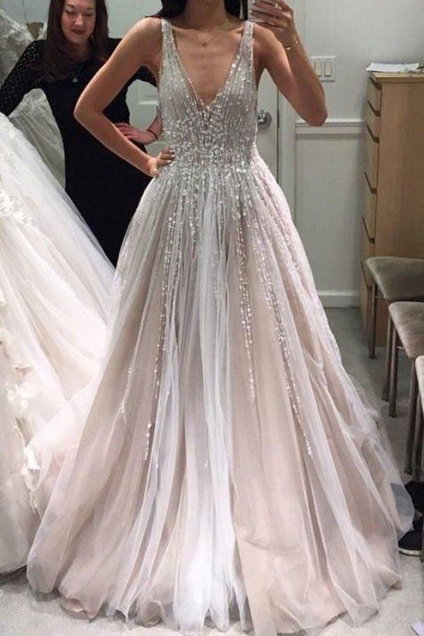 NumberSea Gorgeous Ball Gown V-neck Open Back Beaded Long Wedding Dresses,MW465
