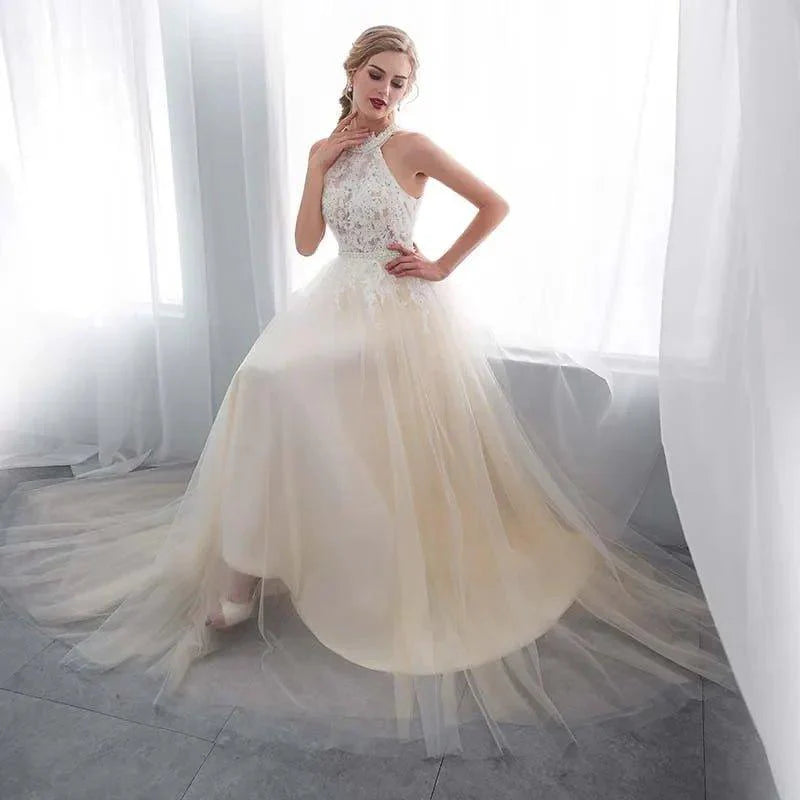 NumberSea Hater Neck Beach Bridal Dress Vestido De Noiva Light Perals Sleeveless Simple Tulle Wedding Dress