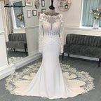NumberSea Lace Appliques V Neck Soft Satin Long Sleeves Mermaid/Trumpet Boho Wedding Dress Illusion robe mariée sirene