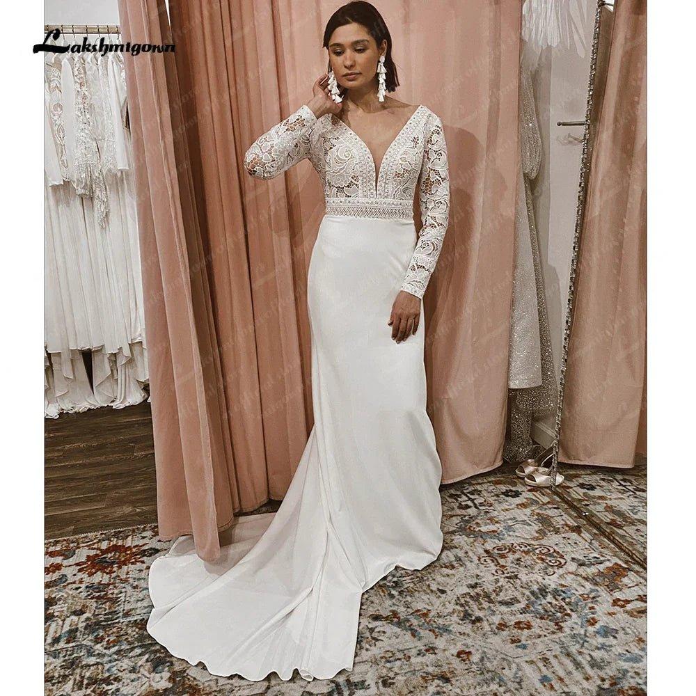NumberSea Lace Long Sleeve Crepe Wedding Dresses 2025 Robe Satin Plus Size Mermaid Bridal Gowns Hochzeit