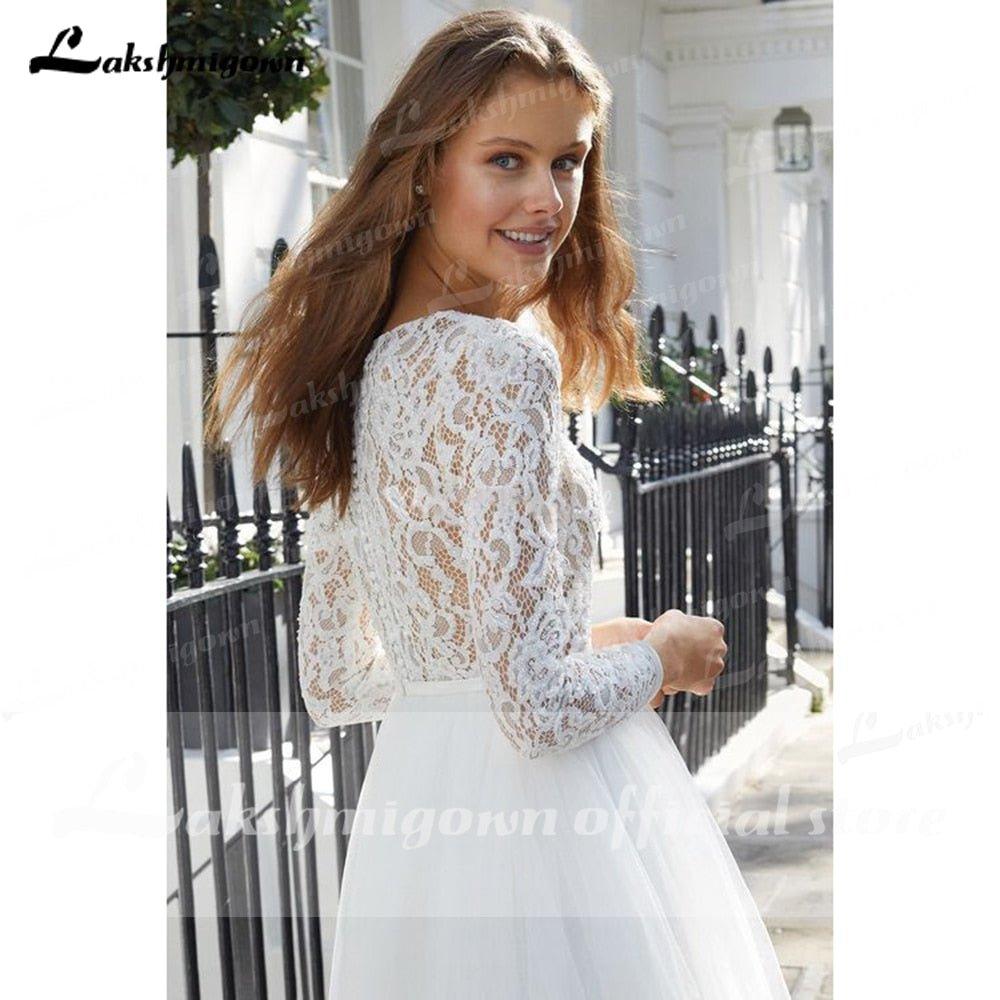 NumberSea Long Sleeve Lace Tulle O Neck Ball Gown Wedding Dresses With Back Buttons Knee Length Lakshmigown vestido de noiva princesa 2021