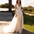 NumberSea Luxury Beaded Lace Bohemian Wedding Dress Spaghetti Straps Sexy
