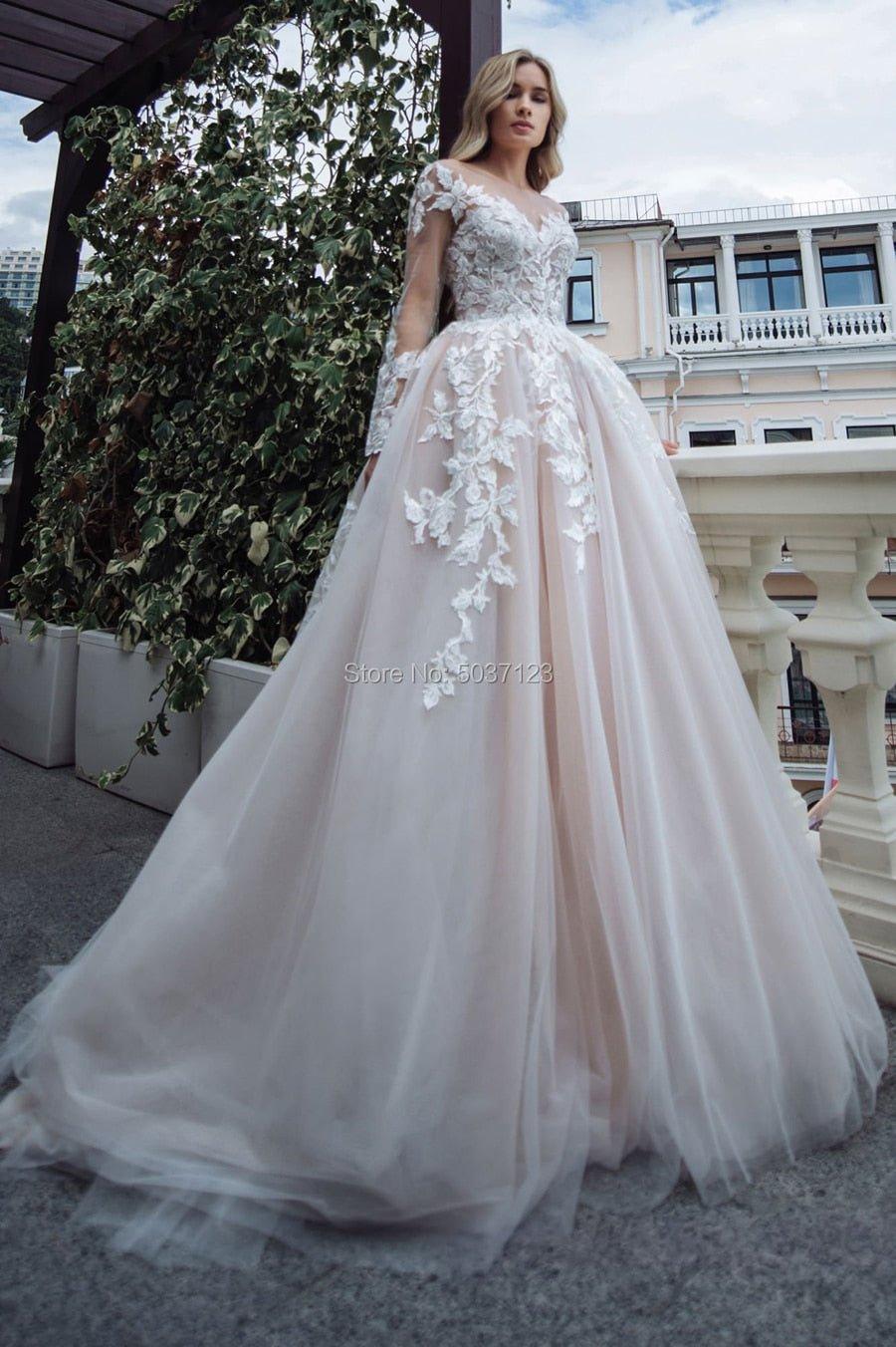 NumberSea Luxury Long Sleeves Wedding Dresses 2024 A Line V Neck Bridal Wedding Gown Lace Appliques Floor Length