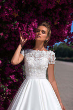 NumberSea Luxury Satin A Line Wedding Dresses with Pockets Top Full Beads Scoop Cap Sleeves Long Pleated Bridal Gowns Vestidos Noiva